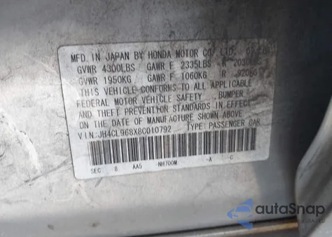 2008 Acura Tsx from USA, damaged, VIN JH4CL968X8C010792